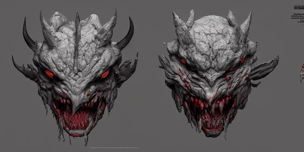 Image similar to veteran demon rock mask design, character sheet, 3d render, Greg Rutkowski, Zabrocki, Karlkka, Jayison Devadas, Phuoc Quan, trending on Artstation, 8K, ultra wide angle, zenith view, pincushion lens effect