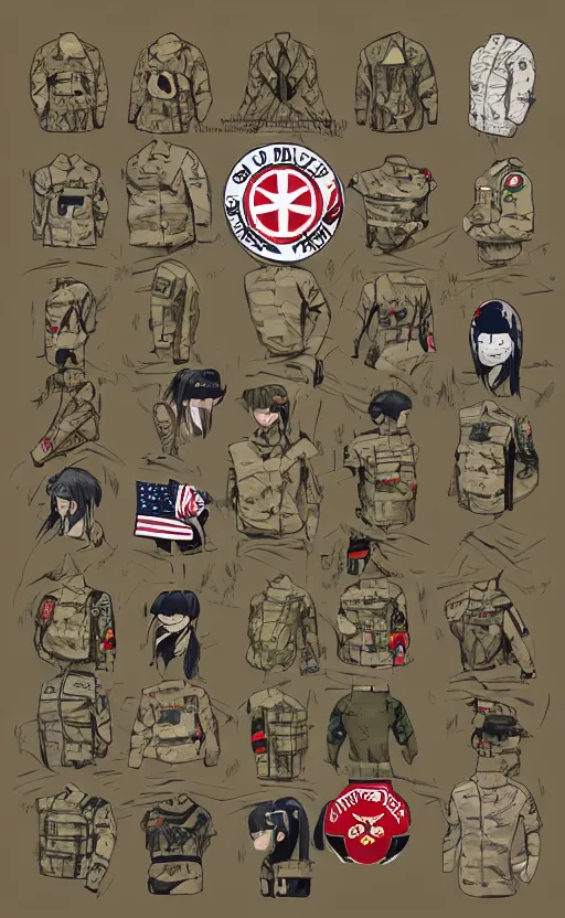 Image similar to patch design, military flags, soldier girl, 2022 anime style, clean logo, tattoo graphics, flight squadron insignia, soldier clothing, realistic military gear, inspired by shirt designer, draw with wacom tablet, round elements, vector line art, by shibafu, trending on pixiv, symbology, anime character anatomy, high resolution, matte, empty hands, realistic military carrier