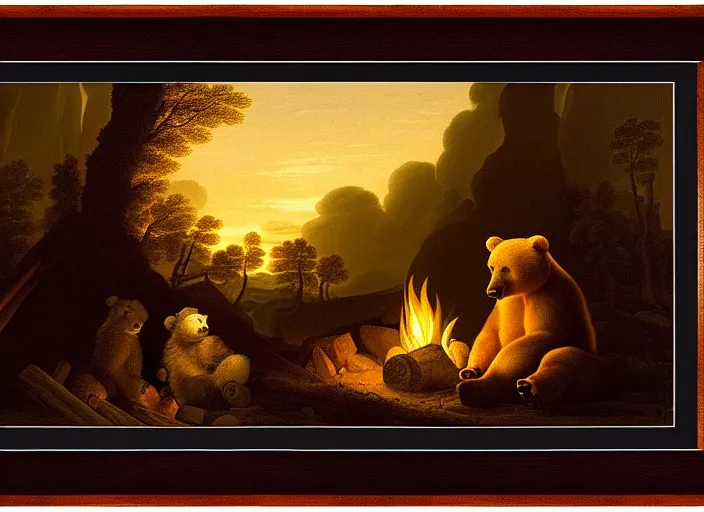 Prompt: Pieter Claesz's 'bear and cub in a dark cave lit by campfire', night time, cross hatching, backlit, beautiful wooden frame, the colours of the sunset, vibrant