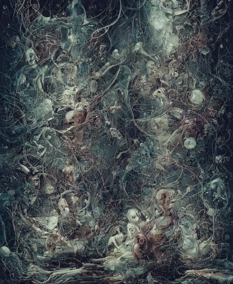 Image similar to Liminality as the moment of a person's transition to a borderline state | intricate artwork. dark art style. artwork in the style of hieronymus bosch and beeple, tooth wu, dan mumford, wlop, rossdraws, James Jean, yoshitaka Amano