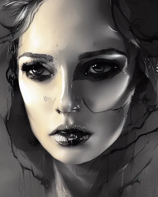 Image similar to black gold smokey ink portrait, grunge futuristic art by WLOP and Tony Sart, artstation