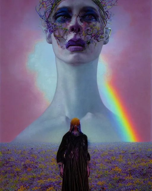 Image similar to A portrait of a woman wearing clothes made out of dying flowers, nuclear explosion in the background, Masterpiece, rainbow colored skin, glowing, wires everywhere, by Edgar Maxence and Ross Tran, Zdzisław Beksiński, and Michael Whelan, distant, gustav dore, H.R. Giger, 8k, octane render