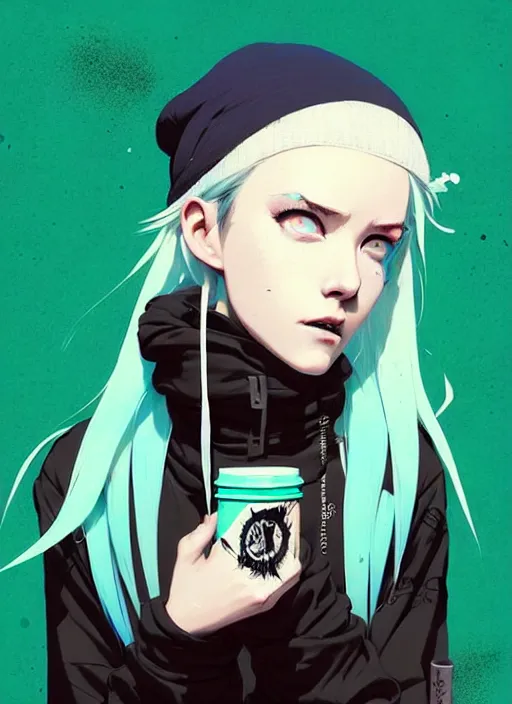 Image similar to highly detailed portrait of a urban punk lady student, blue eyes, hoodie, white hair by atey ghailan, by greg rutkowski, by greg tocchini, by james gilleard, by joe fenton, by kaethe butcher, gradient green, black, brown and teal color scheme, grunge aesthetic!!! ( ( graffiti tag wall background ) )