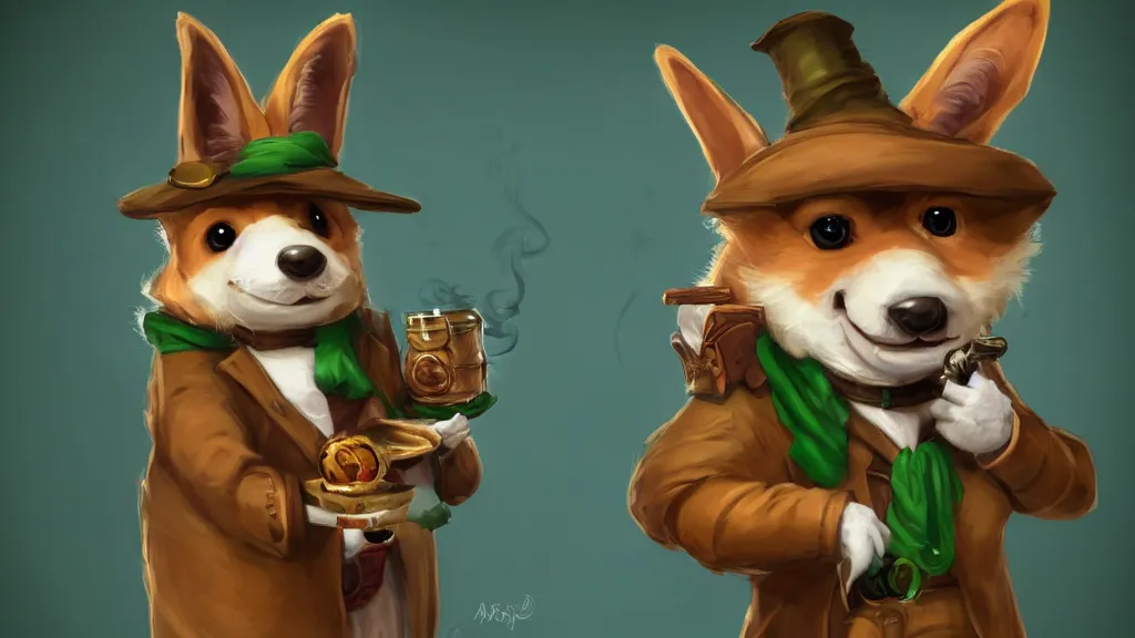 Prompt: An anthropomorphic corgi with a smoking pipe and a green scarf around his neck dressed as a wandering salesman in a fantasy setting. He has a miniature donkey loaded up with all of his wares, dreamscape, dramatic lighting, fantasy art illustration, trending on artstation, Aetherpunk