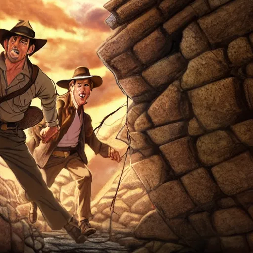 Image similar to Indiana Jones being chased by a boulder trap underground, boulder chase, inside ancient stone temple background, Indiana Jones running away from big round stone, raiders of the lost ark, detailed background, anime key visual