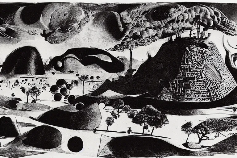 Image similar to a new afrofuturist ecotopia on a distant world. an award winning surrealist abstract landscape by salvador dali and william kentridge