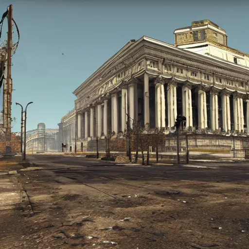Prompt: Bolshoi Theater, Moscow in ruins post-nuclear war in Fallout 4, in game screenshot