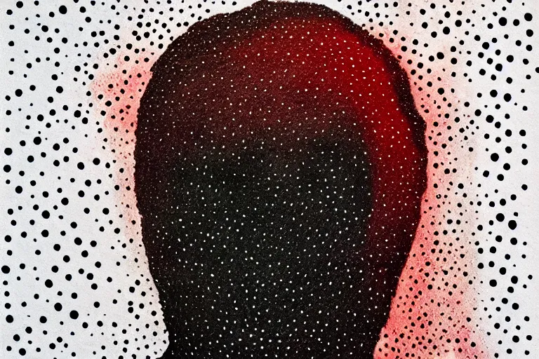 Image similar to face made out of mist, faceless people dark, dots, drip, stipple, pointillism, technical, abstract, minimal, style of francis bacon, asymmetry, pulled apart, cloak, hooded figure, made of dots, abstract, balaclava, red dots