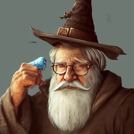 Prompt: a kind old wizard with a long white beard looking a confused with a chicken perched on top of his hat, blue robe, realistic, detailed, trending on ArtStation, by Tony Sart