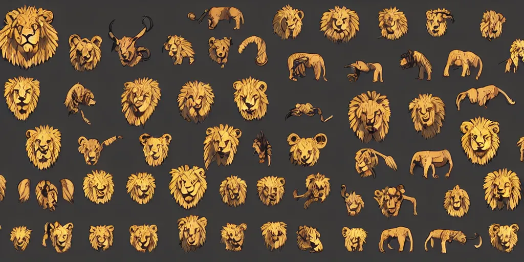 Prompt: game asset of unique lion heads on black background, organic, shigeru miyamoto color palette, shigeru miyamoto black inking, cel shading, 5 colors, solid colors, flat 2 d design, 2 d sprites, 8 k, close up