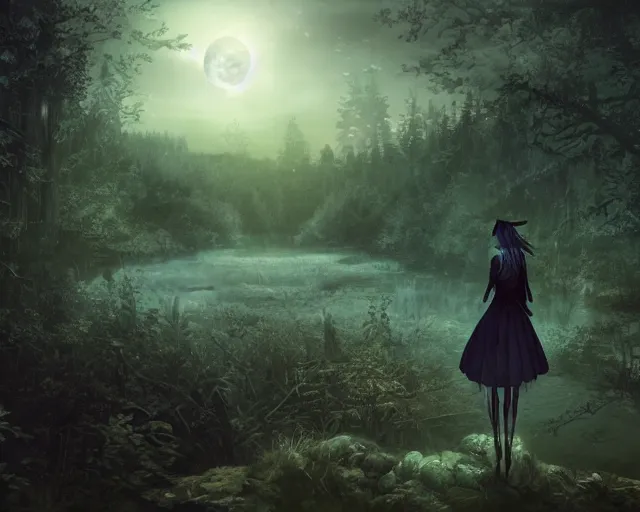 Image similar to goth woman in a moonlight view, in a forest, a river, tankoban, 4 k, tone mapping, akihiko yoshida, james jean andrei riabovitchev marc simonetti, yoshitaka amano, long hair, curly, h. hydrochaeri