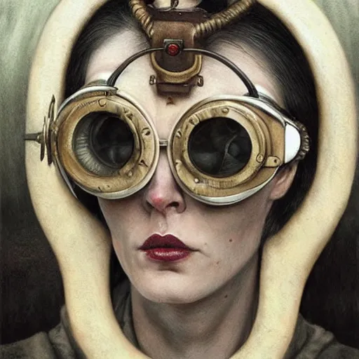 Image similar to a hyperrealistic portrait painting of a beautiful woman with demon horns wearing steampunk goggles, by santiago caruso, highly detailed,