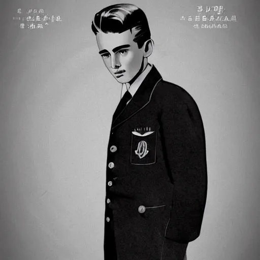 Image similar to a highly detailed epic cinematic concept art CG render digital painting artwork costume design: young James Dean as a well-kept neat perfect formal student in a 1950s USSR school uniform. By WLOP, Stanley Artgerm Lau, Ruan Jia and Fenghua Zhong, trending on ArtStation, made in Maya, Blender and Photoshop, octane render, excellent composition, cinematic atmosphere, dynamic dramatic cinematic lighting, aesthetic, very inspirational, arthouse