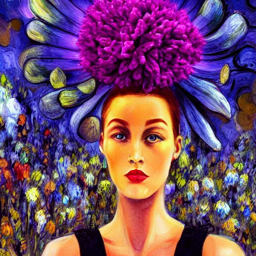 Image similar to giant flower under head, woman next to modern windows, luxury apartment, surreal photography, dramatic light, impressionist painting, digital painting, artstation, arthur adams