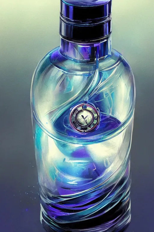 Image similar to concept art of a rolex - star wars blue magenta iridescent liquid dietary supplement in a transparent bottle with big black sticker on it by aenaluck, artgerm and roberto ferri and greg rutkowski, blue and white tones, digital painting, artstation, concept art, smooth, sharp foccus ilustration hq