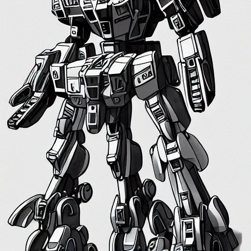 Image similar to very technical and detailed blueprint of a Bipedal mech, Center Frame, intricate details, ultra-detailed, baroque style, illustration, desaturated, concept art, Battletech, Mechwarrior, Gundam