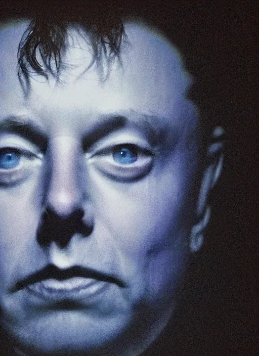 Image similar to dark photo of dark blue rainy bedroom window at night, dimly lit creepy face of elon musk staring in through the window, horror, scary face,