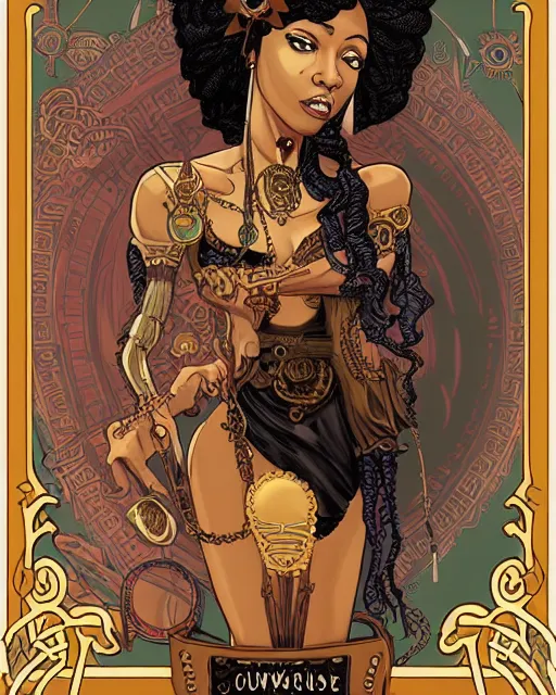 Image similar to a detailed portrait illustration of a steampunk mage - courtesan. beautiful black female face. art nouveau, pop art, comic book style. influenced by neil gaiman, h. p. lovecraft, dan mumford, brian froud, julie bell, killian eng, ross tran.