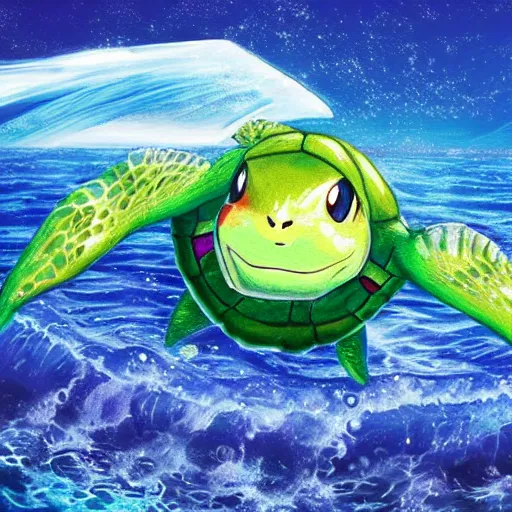 Image similar to pokemon card pokemon realistic, render, unreal beautiful turtle, a ocean and its beautiful fancy, a himself for a blue foreground light