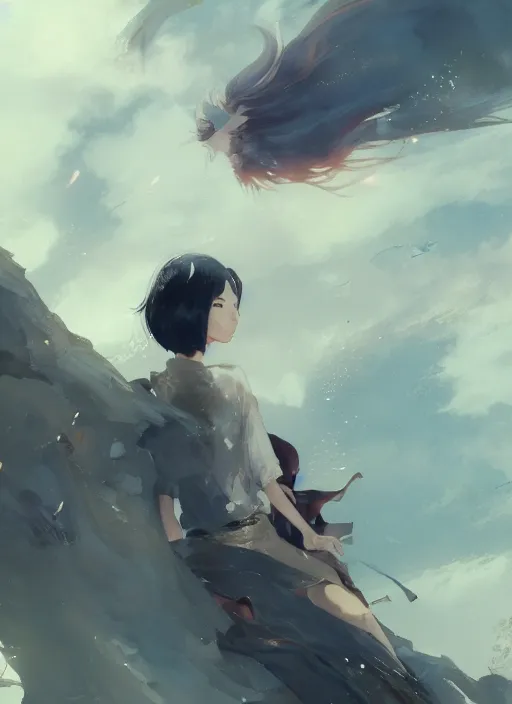 Image similar to a young japanese woman with very short hair looking to the skies, cinematic lighting, dramatic atmosphere, artwork by dustin nguyen, akihiko yoshida, greg tocchini, greg rutkowski, cliff chiang, 4 k resolution, trending on artstation,