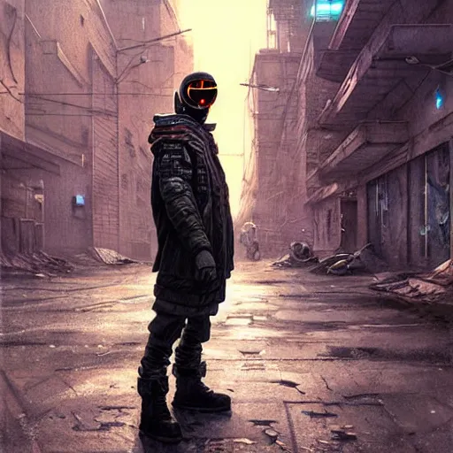 Prompt: A portrait of a cyberpunk guy on the street of a Soviet slum on the moon, Norilsk, sci-fi, fantasy, intricate, very very beautiful, elegant, highly detailed, digital painting, artstation, concept art, smooth, sharp focus, illustration, art by artgerm and greg rutkowski and alphonse mucha