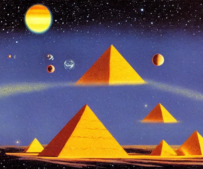 Prompt: gigantic solar pyramids towering over a small city meteor in the dark starry sky of saturn by kelly freas