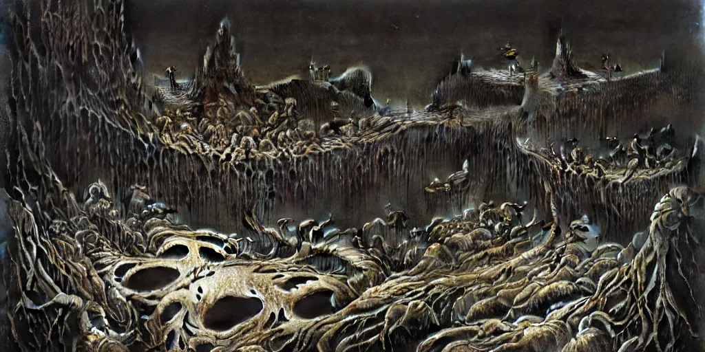 Image similar to hordes of ants crawling through the cavities of a large moose skull, Zdzislaw Beksinski, Wayne Barlowe, gothic, cosmic horror, worm's-eye view, close-up, dystopian, biomorphic, lovecraftian, spine chilling atmosphere, amazing details, cold hue's