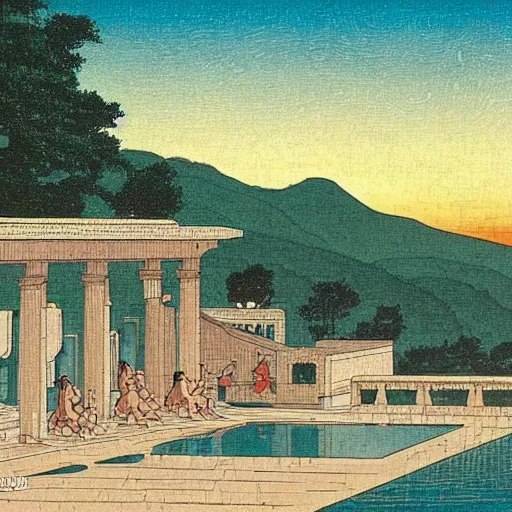 Prompt: a beautiful ancient bathhouse with bathing alien creatures surrounded by greek statues at sunset by hasui kawase