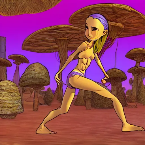 Prompt: skinny muscular girl practicing youga on shrooms wide angle cinematic