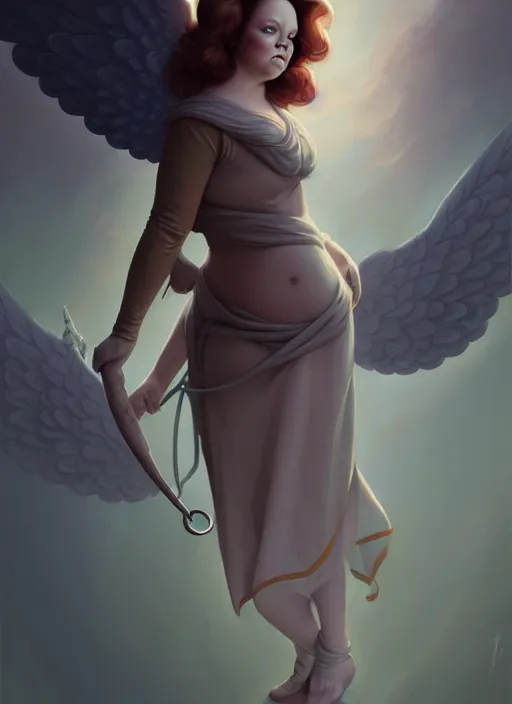 Image similar to melissa mccarthy as an angel, backround dark, highly detailed, digital illustration, trending in artstation, modern painting, smooth, sharp focus, intricate, by peter mohrbacher