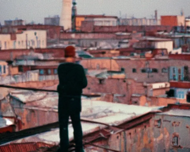 Image similar to lomo photo of man standing on the roof of soviet hrushevka, small town, cinestill, bokeh, out of focus