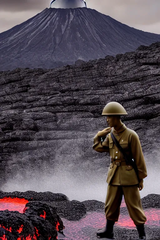 Image similar to japan world war soldier swimming on lava mountain, - photorealistic, smooth, aesthetic lighting, baroque object, pullitzer winning, photo by : canon eos 5 d mark iv, versatile, lens interoperability, autofocus, 4 k uhd video capture at 3 0 fps, 8 k time - lapse functions, by karah mew and adnan abidi