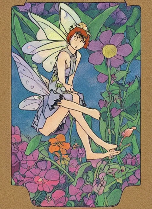 Prompt: fairy floral tarot card by Hayao miyazaki