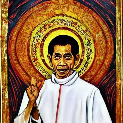 Image similar to Jokowi as saint,with ortodhox syrian painting styles,with realistic details and authentic historical art