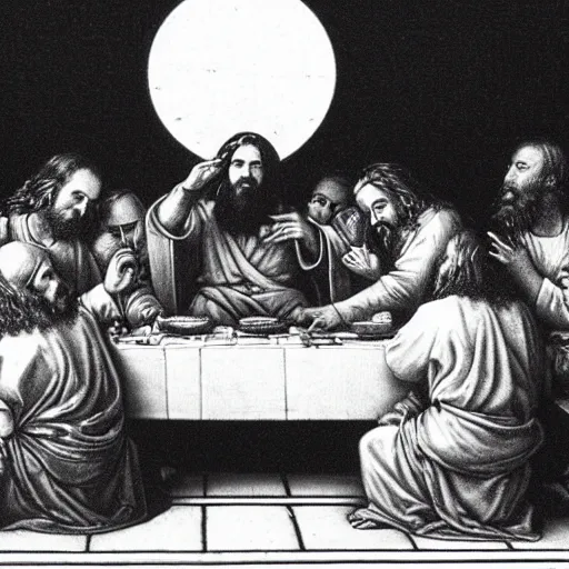 Prompt: jesus is the disk jockey at the last supper