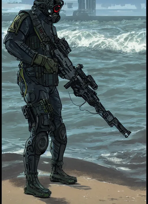 Image similar to Hector. USN blackops operator emerging from water at the shoreline. Operator wearing Futuristic cyberpunk tactical wetsuit and looking at an abandoned shipyard. Frogtrooper. rb6s, MGS, and splinter cell Concept art by James Gurney, Alphonso Mucha. Vivid color scheme.