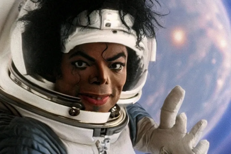 Prompt: michael jackson in space wearing space suite eyes closed