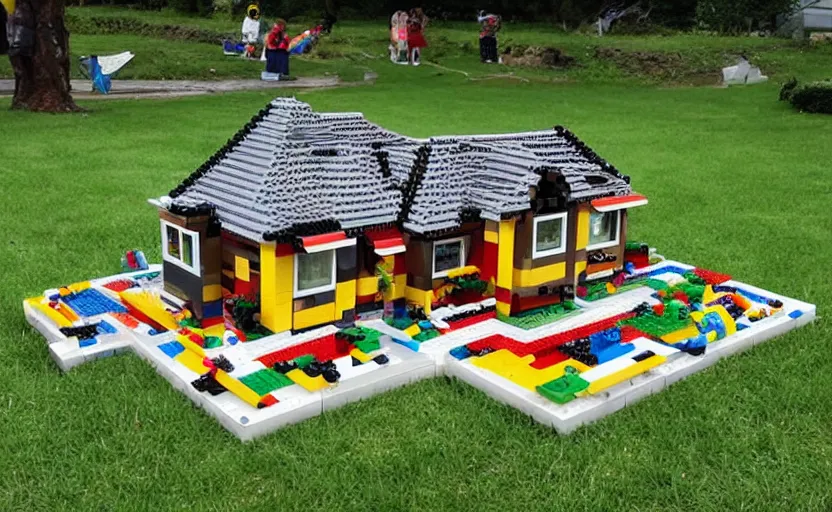 Image similar to a crashed villa made out of lego, pieces of lego laying on the lawn