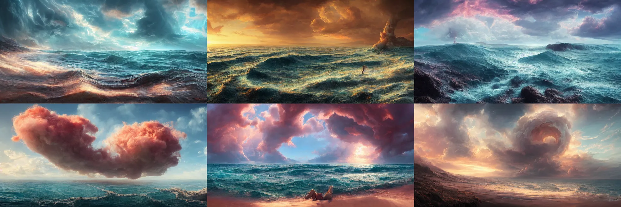 Prompt: sperical hdri map, epic smooth illustration, ocean, mattepainting, fall vibrancy, swirly latte art cotton candy clouds, by greg rutkowski, by wlop, by namek