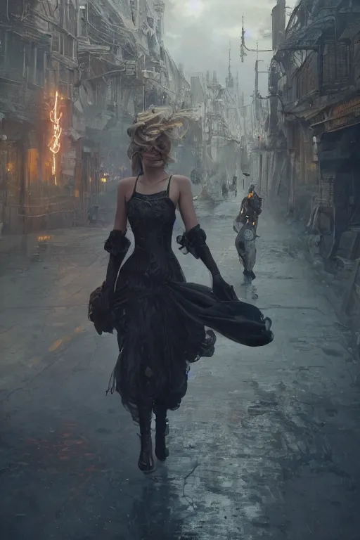 Prompt: a fancy portrait of Jenifer Lawrence walking down the street of a steampunk city by Greg Rutkowski, Sung Choi, Mitchell Mohrhauser, Maciej Kuciara, Johnson Ting, Maxim Verehin, Peter Konig, final fantasy , mythical, 8k photorealistic, cinematic lighting, HD, high details, atmospheric,