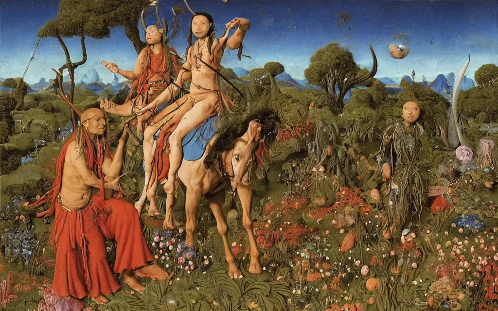 Prompt: a portrait photograph of a meditating shaman and a centaur monk riding a harpy and hunting at a river delta. surrounded by bulbous flowers and trees. mountain range under a blue sky of fiery stars. by jan van eyck, max ernst, ernst haeckel, ernst fuchs and artgerm, cgsociety, fashion editorial, 8 k