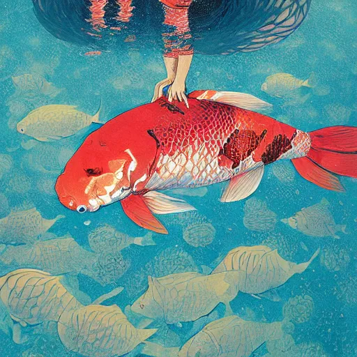 Prompt: giant koi carper in a magical underwater world, little boy sitting on his back oil painting victo ngai