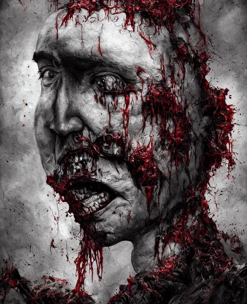 Image similar to moon made from thousands of rotten demonic bloody corpses of Nicolas Cage, body horror, flesh, blood, grotesque hell, highly detailed, vivid colors, dark shadows, contrast, concept art, sharp focus, digital art, Hyper-realistic, 4K, Unreal Engine, Highly Detailed, Dramatic Lighting, Beautiful, by Brom, bastien lecouffe-deharme