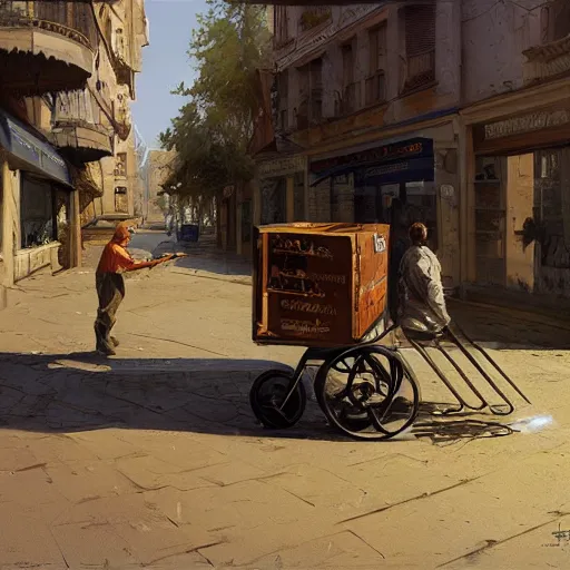 Image similar to a man drags a cart, hyperrealism, no blur, 4 k resolution, ultra detailed, style of ron cobb, adolf hiremy - hirschl, syd mead, ismail inceoglu, rene margitte