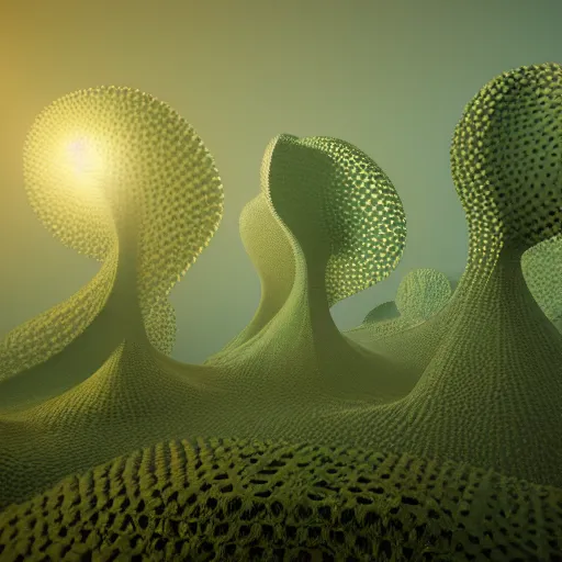 Image similar to a photograph of a 3 d render of 3 d cellular automaton. highly detailed octane render and vray with natural light and organic colours, volumetric lighting, raytracing, mist, smoke, rays of light, mystical and mysterious.