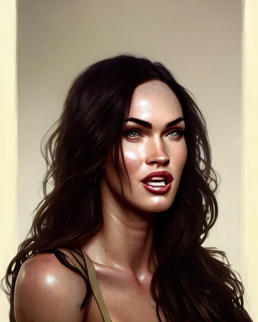 Image similar to portrait of megan fox laughing, intricate, headshot, highly detailed, digital painting, artstation, concept art, sharp focus, cinematic lighting, illustration, art by artgerm and greg rutkowski, alphonse mucha, cgsociety