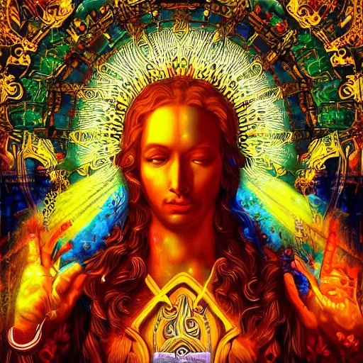 Image similar to depiction of god.Trending on Artstation, 8k, masterpiece, graffiti paint, fine detail, full of color, intricate detail, Golden Ratio illustration