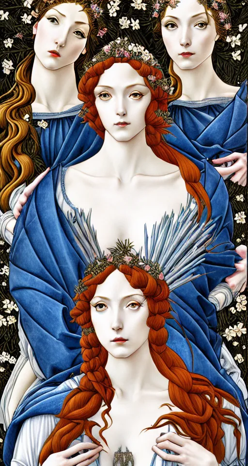 Image similar to the 3 Goddesses of Winter, in a mixed style of Botticelli and Æon Flux, inspired by pre-raphaelite paintings and shoujo manga, surrounded by flora and fauna, hyper detailed, stunning inking lines, flat colors, 4K photorealistic