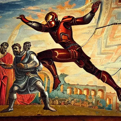 Prompt: hellenistic greece painting of old - fashioned - ironman flying across the coliseum