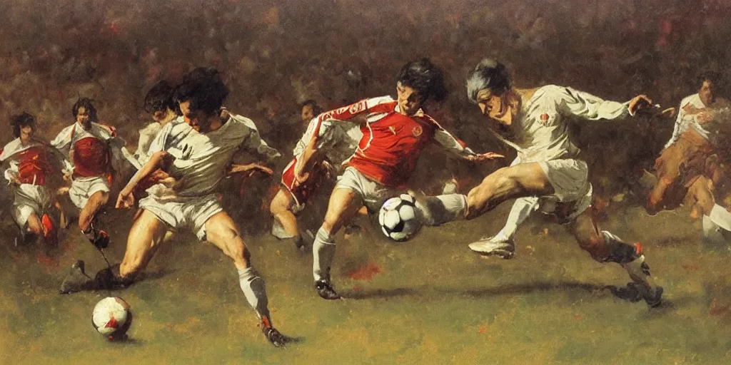 Prompt: mozart kicks soccer ball at beethoven, playing for arsenal soccer club, oil painting by frank frazetta by greg rutkowski